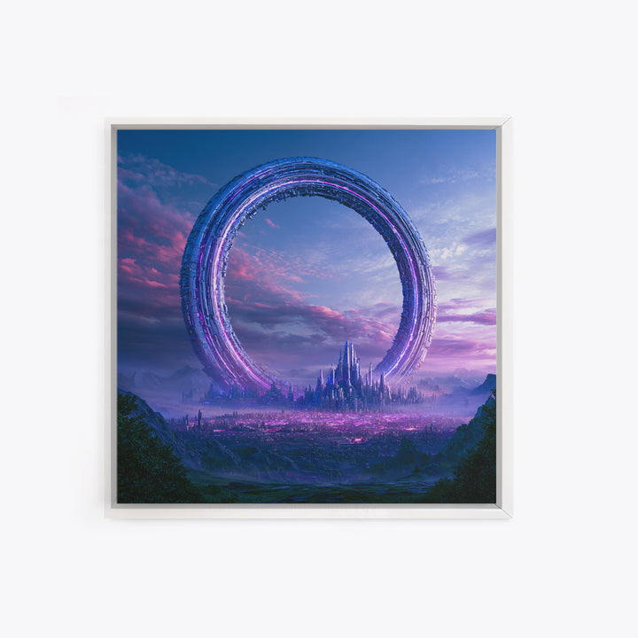 Giant Ring World Seen from a Valley Framed Canvas Print, Scifi Art, Fine Art Print, Living Room Decor, Fine Art, Orbit, SCI-1x1-80