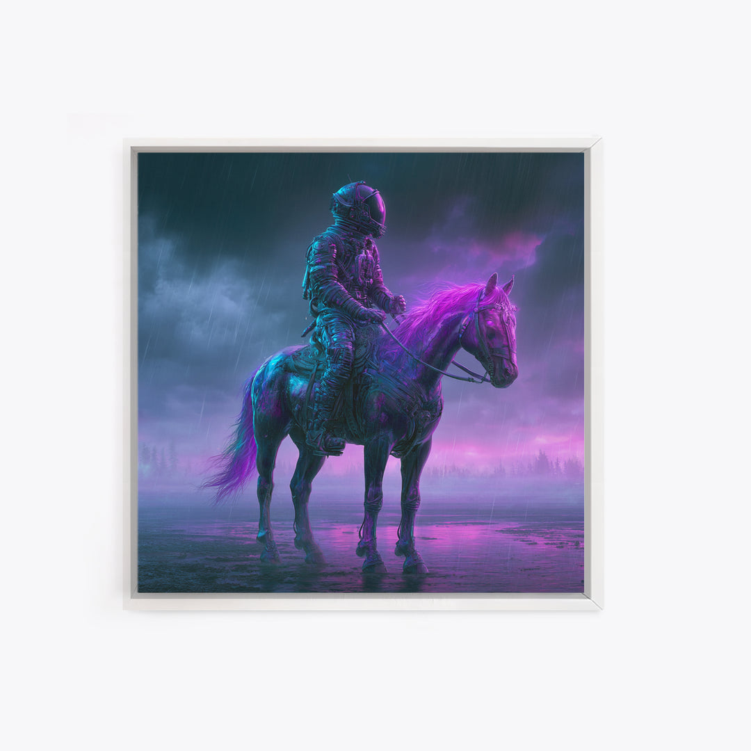 Space Explorer Horse Rider on Distant Planet Framed Canvas Print, Scifi Art, Wall Art, Living Room Decor, Oil Painting, Orbit, SCI-1x1-93