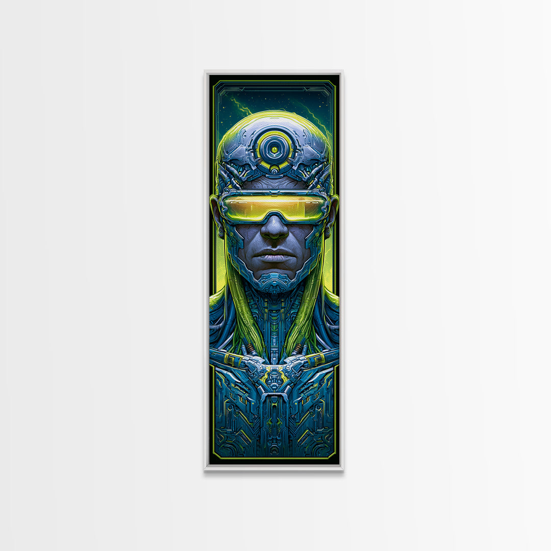 Cyborg Portrait with Reflective Visor Framed Canvas Print, Scifi Art, Wall Art, Living Room Decor, Oil Painting, Orbit, SCI-1x3-45