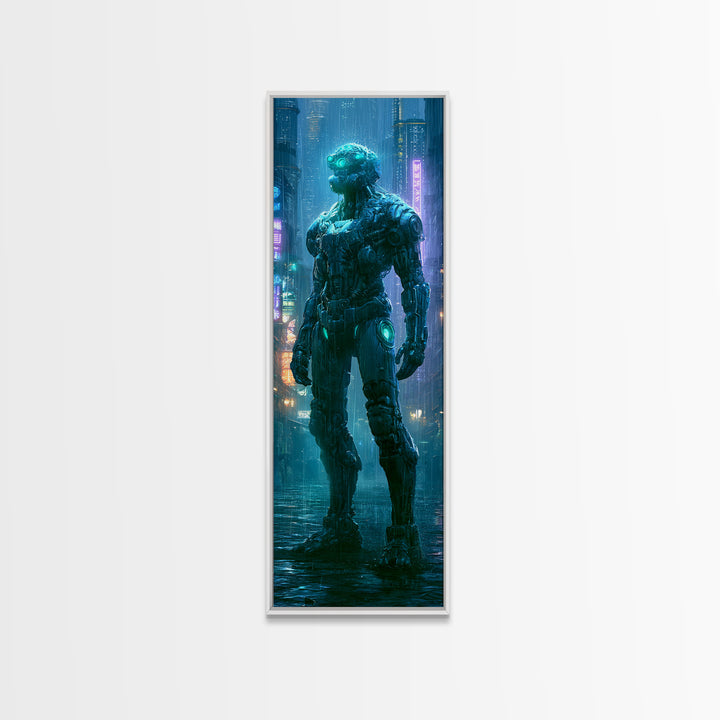 Mech Silhouette in Rainy Neon City Canvas Print, Scifi Art, Weird Art, Living Room Decor, Abstract Art, Orbit, Art Print, SCI-1x3-51