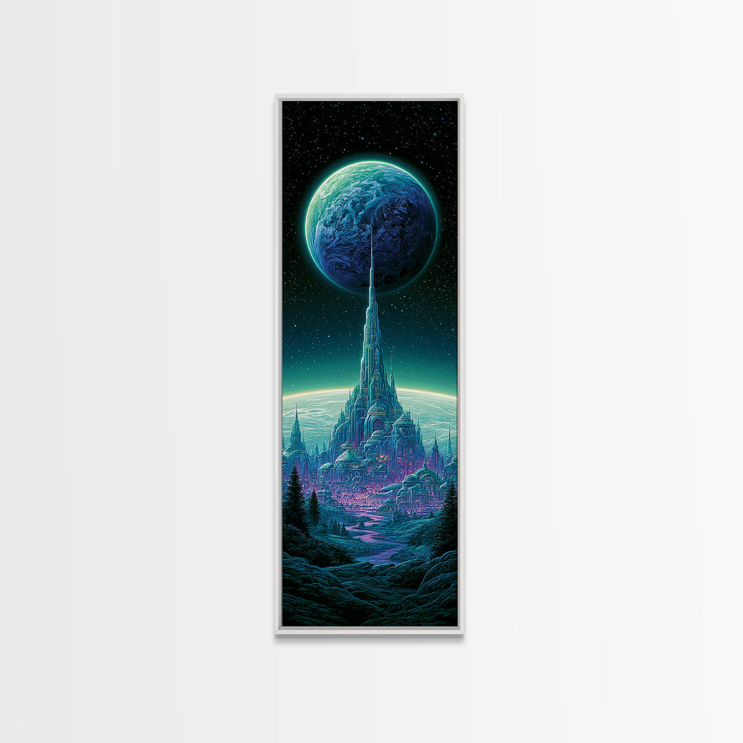 Moon Colony Beneath Earth Rise Framed Canvas Print, Scifi Art, Retro Futurism Art, Living Room Decor, Oil Painting, Orbit, SCI-1x3-54