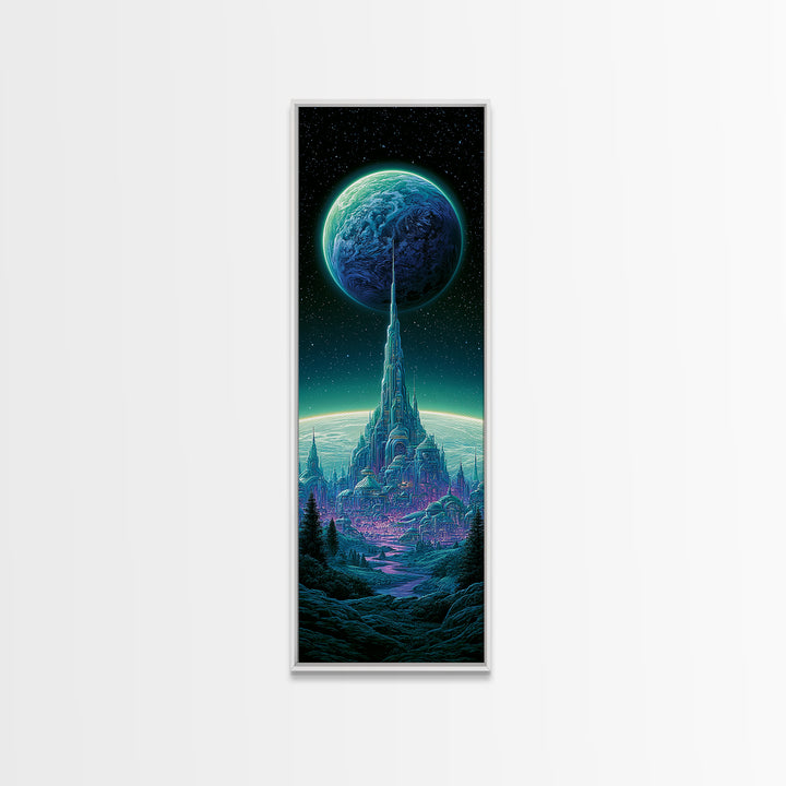 Moon Colony Beneath Earth Rise Framed Canvas Print, Scifi Art, Retro Futurism Art, Living Room Decor, Oil Painting, Orbit, SCI-1x3-54