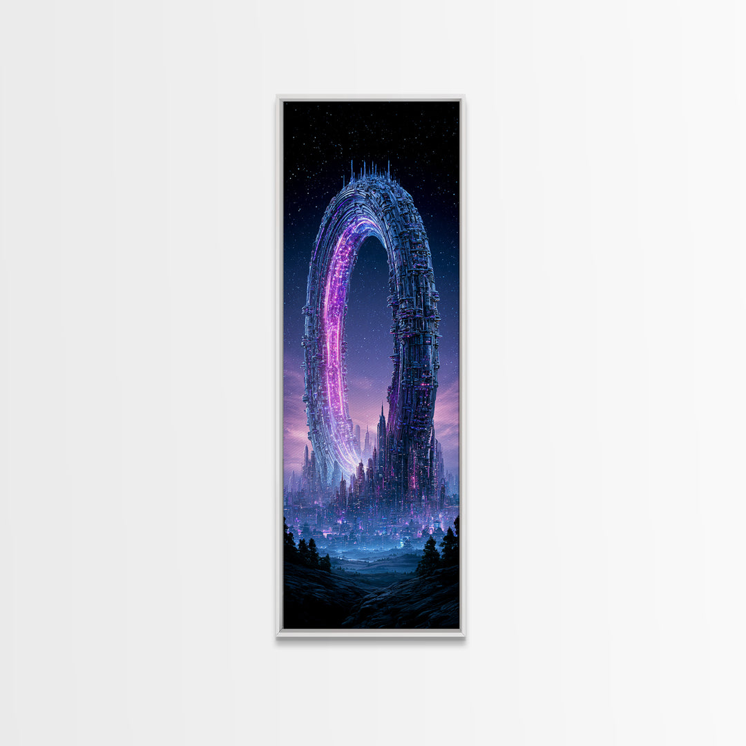 Giant Ring World Seen from a Valley Canvas Print, Scifi Art, Mid Century Art, Living Room Decor, Fine Art, Orbit, Neutral Decor, SCI-1x3-68