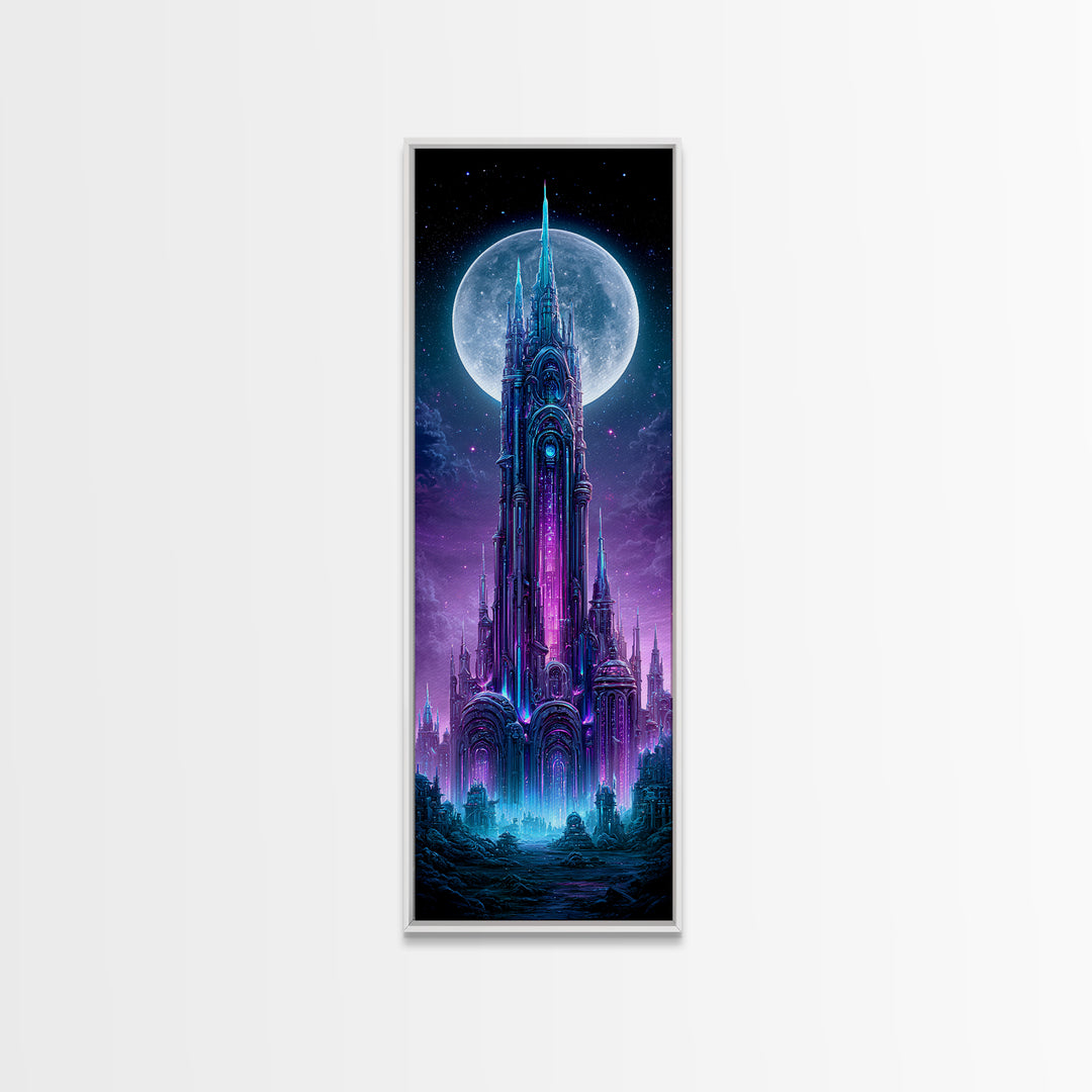 Futuristic City on a Moonlit World Framed Canvas Print, Scifi Art, Statement Artwork, Living Room Decor, Fine Art, Orbit, SCI-1x3-87