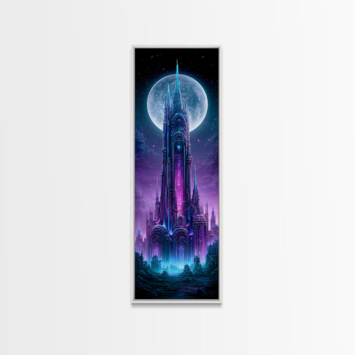 Futuristic City on a Moonlit World Framed Canvas Print, Scifi Art, Statement Artwork, Living Room Decor, Fine Art, Orbit, SCI-1x3-87
