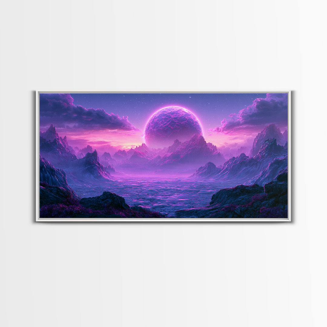 Planetary Sunrise over Ice Cliffs Framed Canvas Print, Scifi Art, Art Print, Living Room Decor, Fine Art, Orbit, Digital Art, SCI-2x1-18