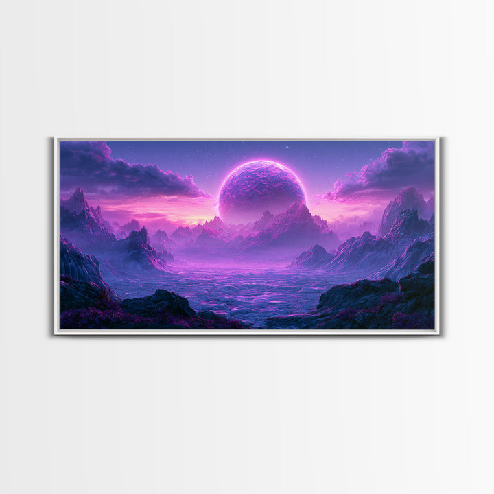 Planetary Sunrise over Ice Cliffs Framed Canvas Print, Scifi Art, Art Print, Living Room Decor, Fine Art, Orbit, Digital Art, SCI-2x1-18