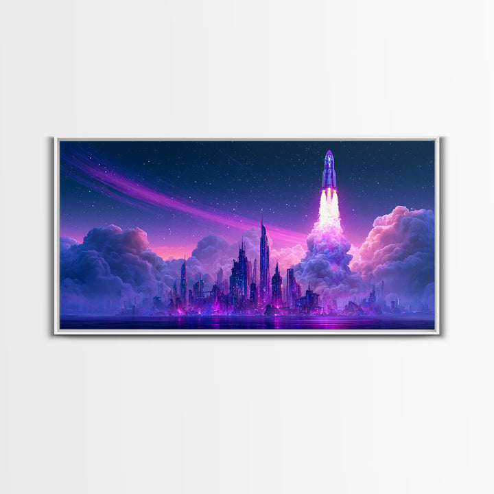 Retro Rocket Launching Through Cloud Rings Framed Canvas Print, Scifi Art, Boho Decor, Living Room Decor, Oil Painting, Orbit, SCI-2x1-27