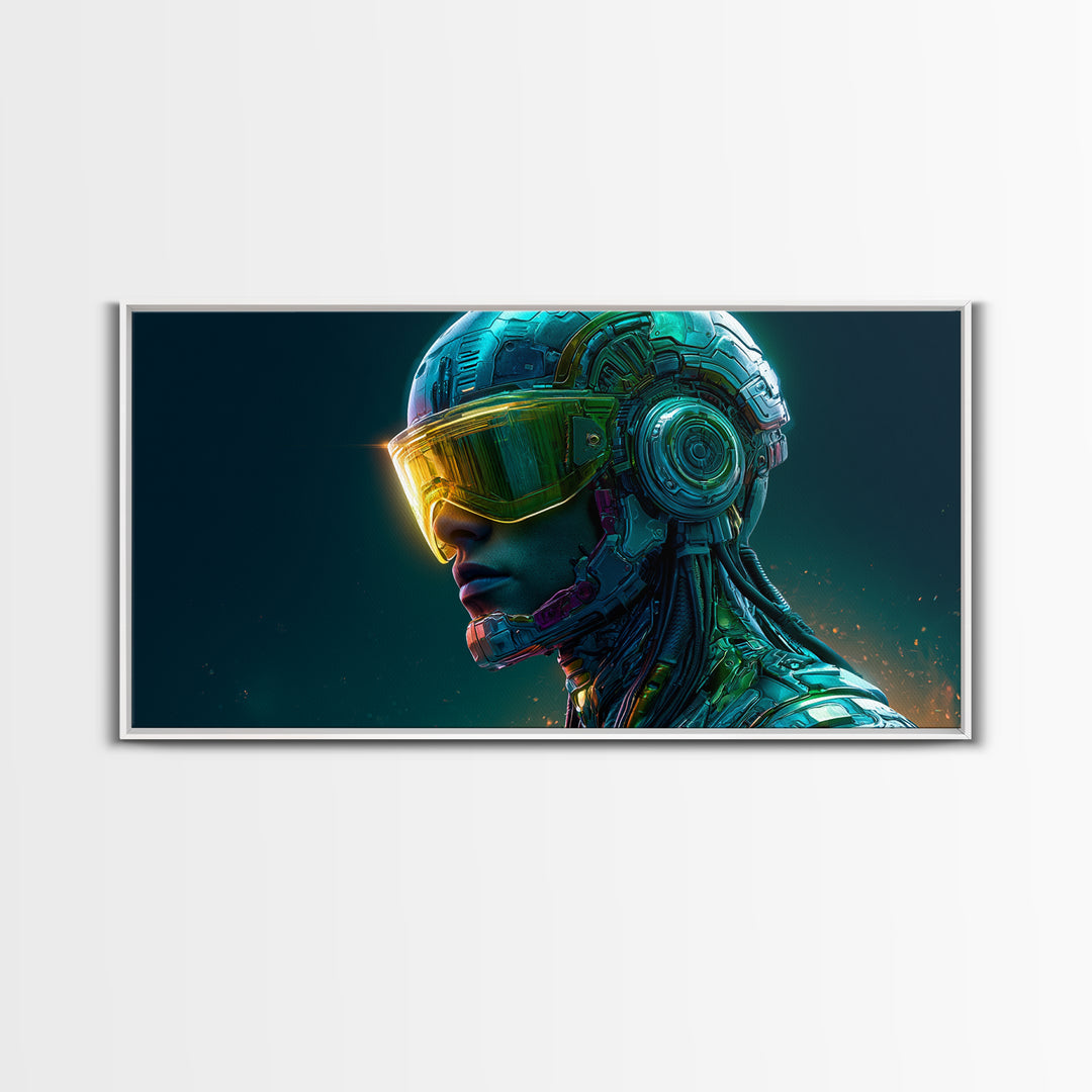 Cyborg Portrait with Reflective Visor Framed Canvas Print, Scifi Art, Original Art, Living Room Decor, Fine Art, Orbit, SCI-2x1-29