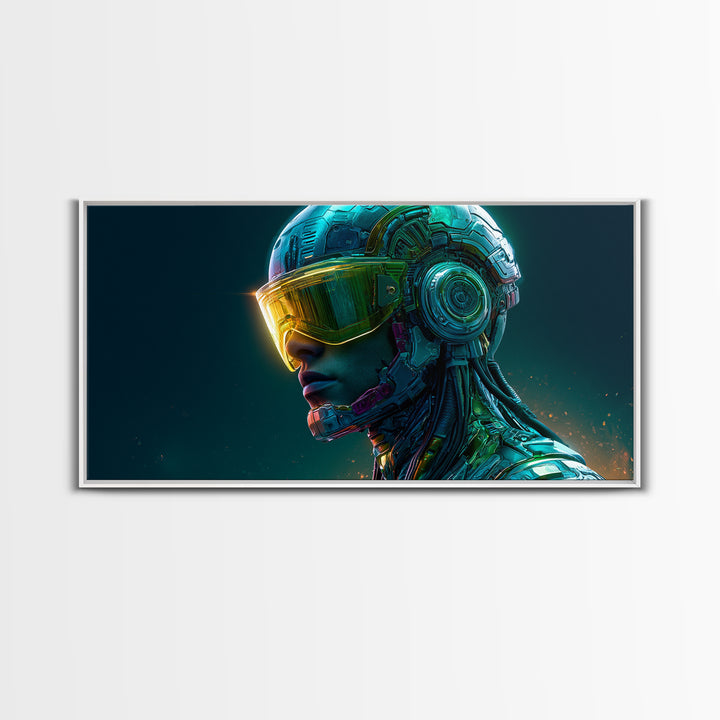 Cyborg Portrait with Reflective Visor Framed Canvas Print, Scifi Art, Original Art, Living Room Decor, Fine Art, Orbit, SCI-2x1-29