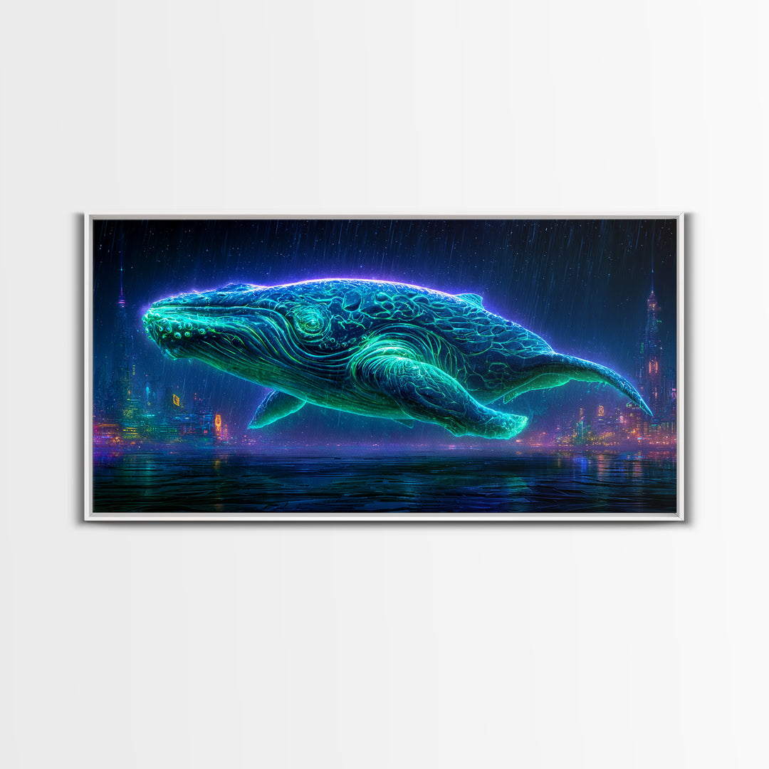 Cosmic Whale Swimming Through Deep Space Framed Canvas Print, Scifi Art, Decor, Living Room Decor, Oil Painting, Orbit, SCI-2x1-60
