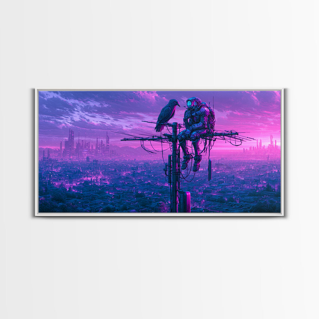 Robot Bird Perched on Antenna Framed Canvas Print, Scifi Art, Gallery Decor, Living Room Decor, Fine Art, Orbit, Wall Art, SCI-2x1-67