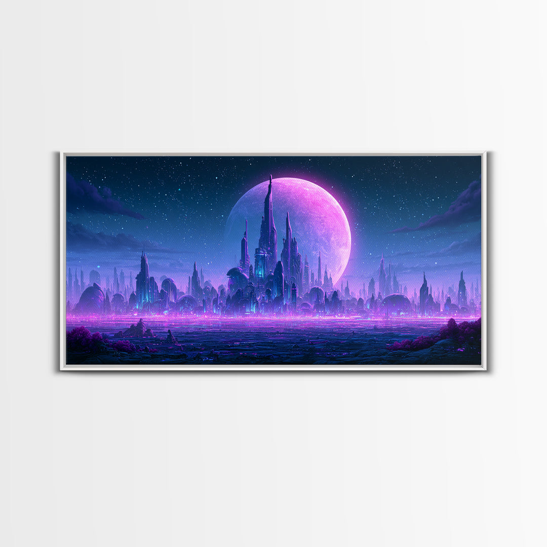 Futuristic City on a Moonlit World Canvas Print, Scifi Art, Weird Art, Living Room Decor, Abstract Art, Orbit, Art Print, SCI-2x1-71
