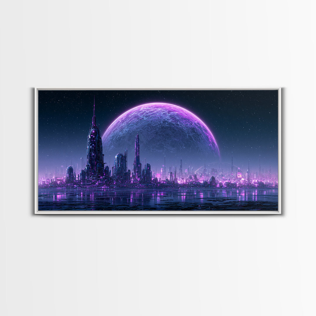 Moon Colony Beneath Earth Rise Framed Canvas Print, Scifi Art, Posters, Living Room Decor, Orbit, Pop Art, Mid Century Art, SCI-2x1-86