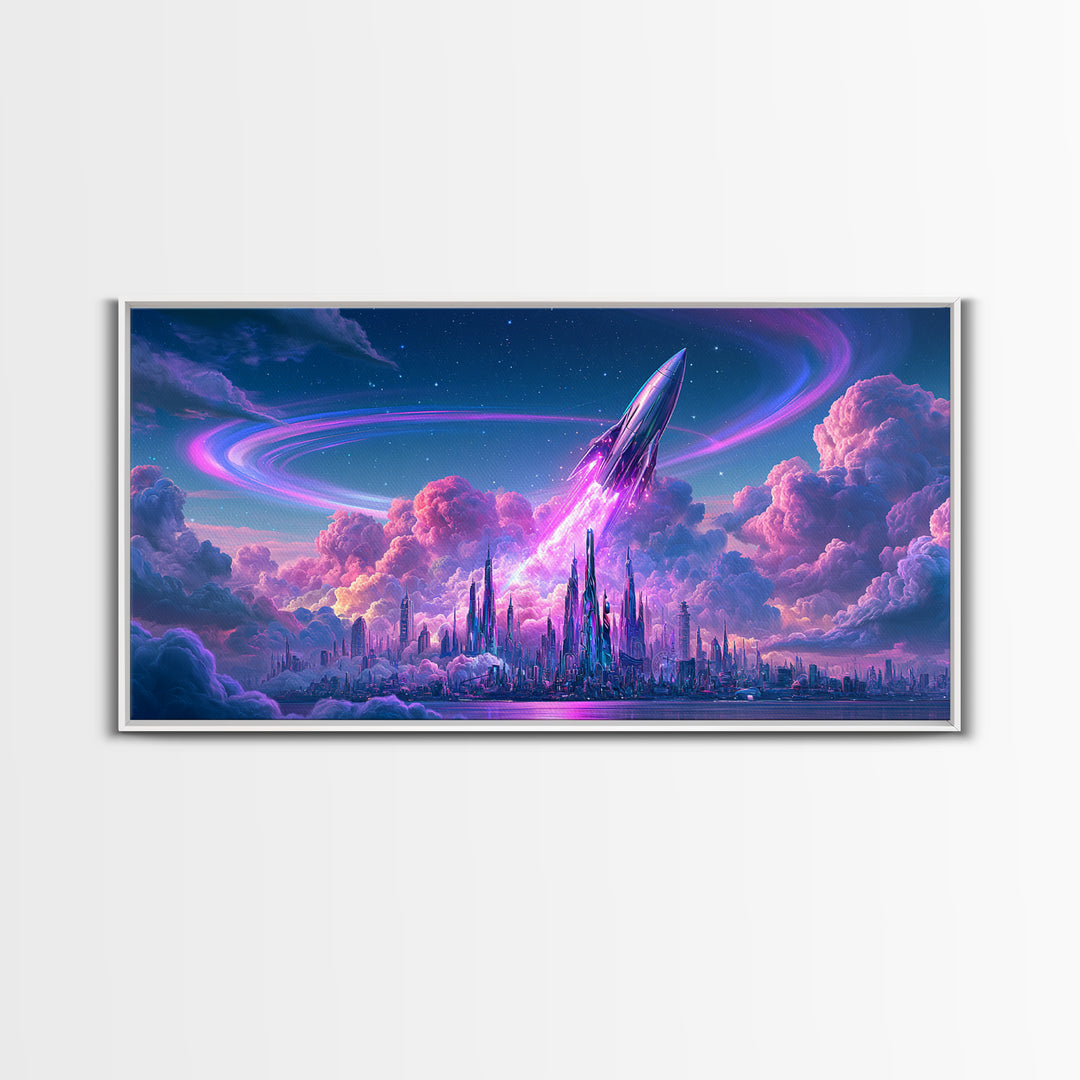 Retro Rocket Launching Through Cloud Rings Framed Canvas Print, Scifi Art, Pop Art, Living Room Decor, Fine Art, Orbit, SCI-2x1-99