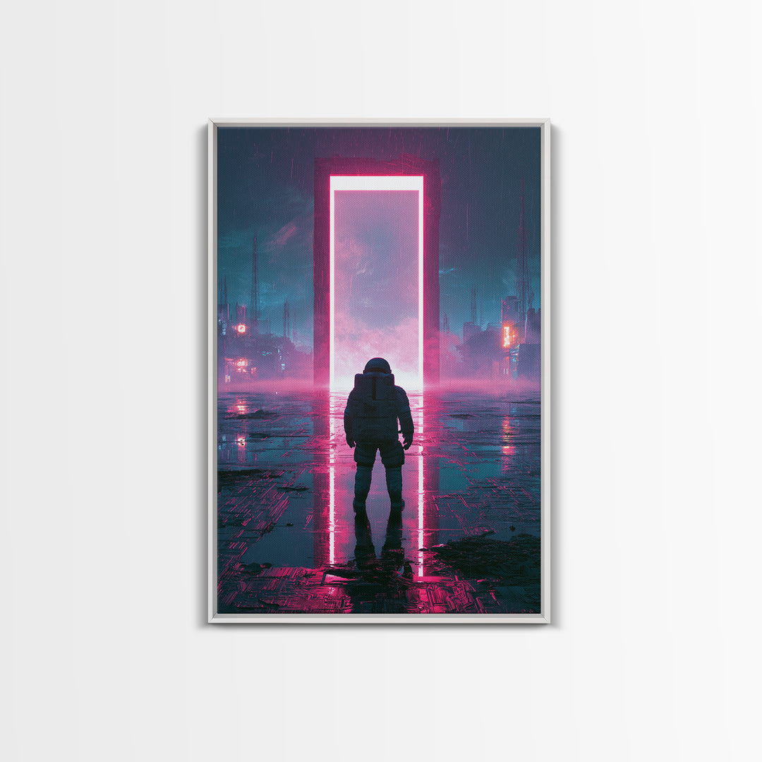 Astronaut Standing Before a Glowing Monolith Canvas Print, Scifi Art, Minimalist Decor, Living Room Decor, Fine Art, Orbit, SCI-2x3-10