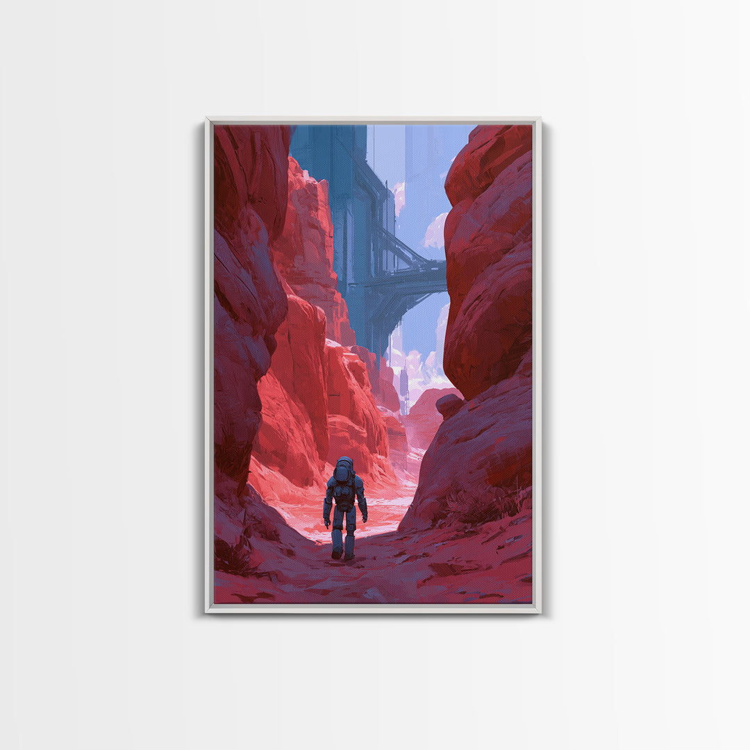 Robot Companion Crossing a Red Canyon Framed Canvas Print, Scifi Art, Decor, Living Room Decor, Orbit, Mid Century Art, SCI-2x3-12