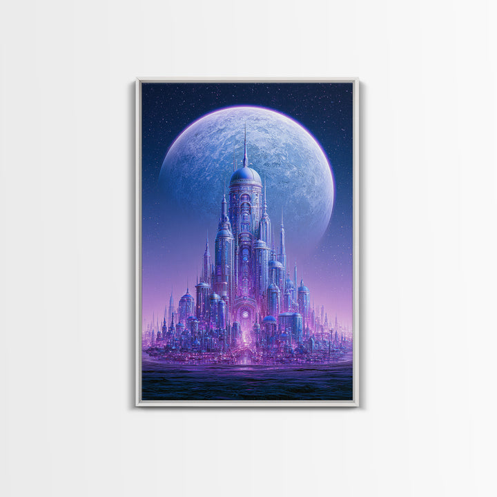 Moon Colony Beneath Earth Rise Framed Canvas Print, Scifi Art, Textured Painting, Living Room Decor, Abstract Art, Orbit, SCI-2x3-2