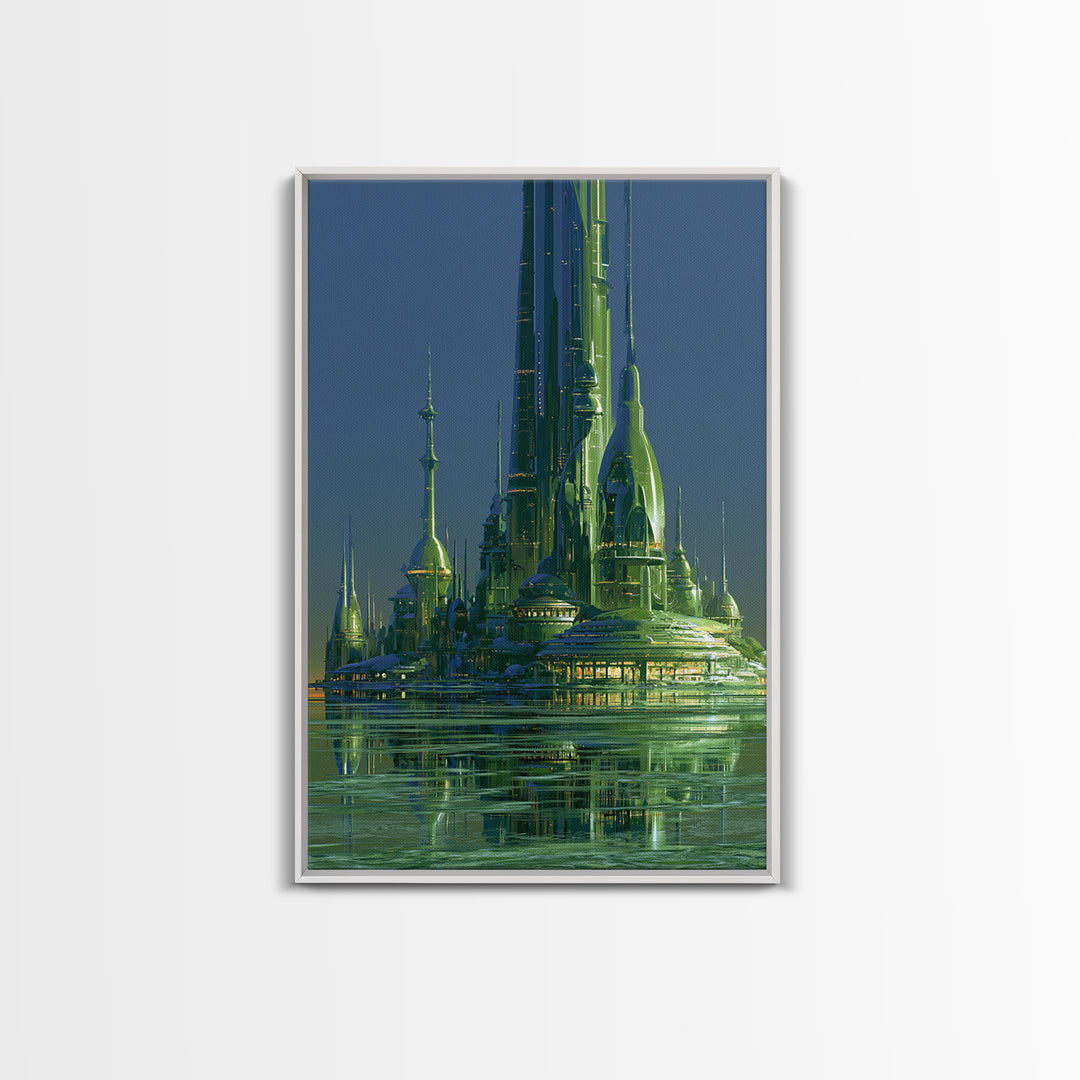 Terraforming Towers on a Silent Planet Framed Canvas Print, Scifi Art, Retro Wall Art, Living Room Decor, Oil Painting, Orbit, SCI-2x3-20