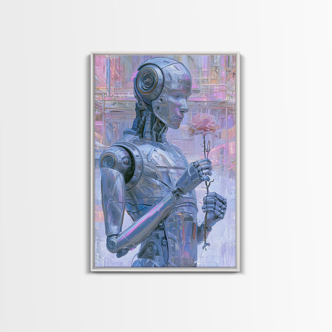 Silver Android Holding a Flower Framed Canvas Print, Scifi Art, Poster, Living Room Decor, Fine Art, Orbit, Retro Wall Art, SCI-2x3-46