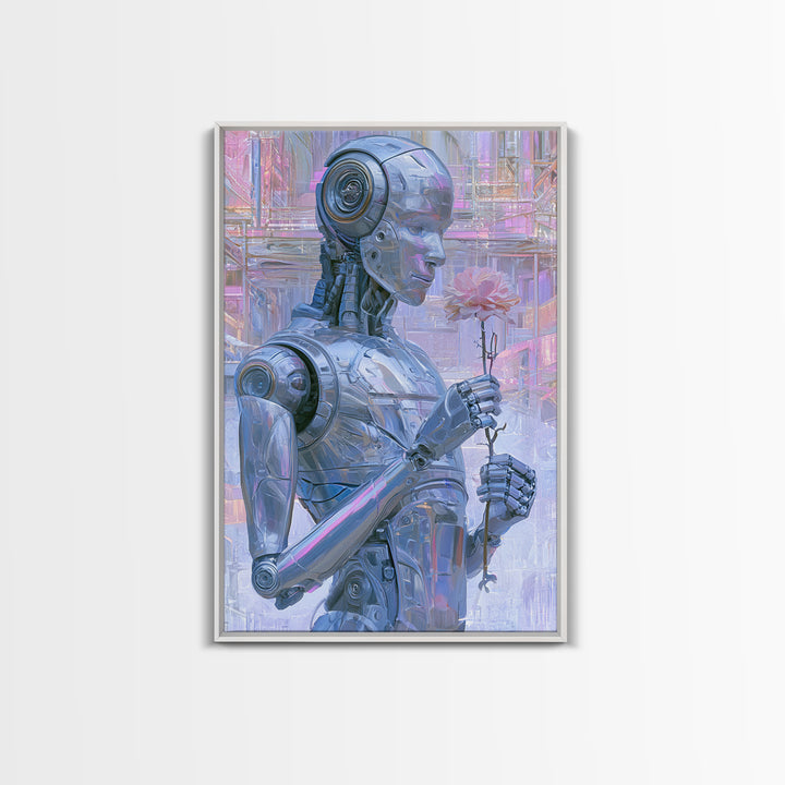Silver Android Holding a Flower Framed Canvas Print, Scifi Art, Poster, Living Room Decor, Fine Art, Orbit, Retro Wall Art, SCI-2x3-46
