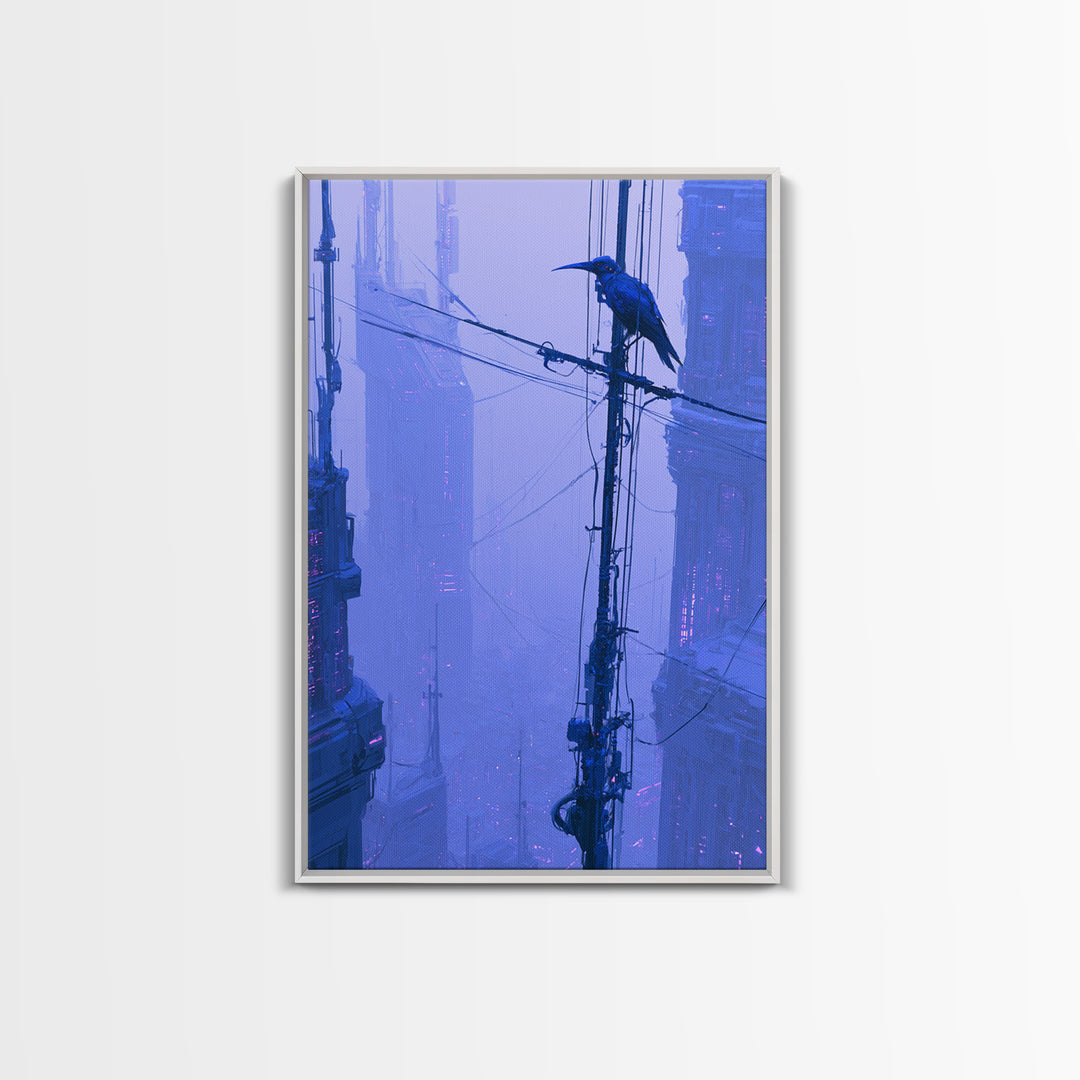 Robot Bird Perched on Antenna Framed Canvas Print, Scifi Art, Digital Art, Living Room Decor, Fine Art, Orbit, Steampunk Decor, SCI-2x3-55