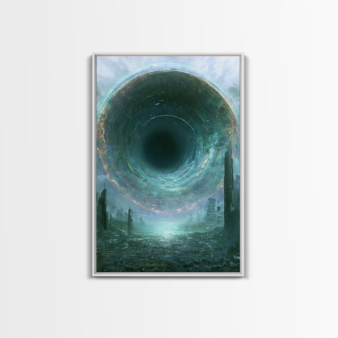 Wormhole Opening over Barren Landscape Framed Canvas Print, Scifi Art, Mid Century Art, Living Room Decor, Fine Art, Orbit, SCI-2x3-73