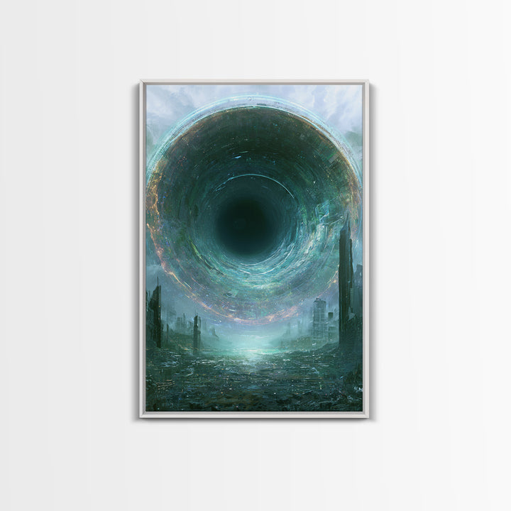 Wormhole Opening over Barren Landscape Framed Canvas Print, Scifi Art, Mid Century Art, Living Room Decor, Fine Art, Orbit, SCI-2x3-73