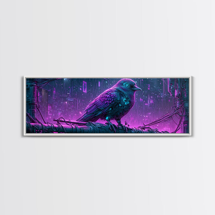 Robot Bird Perched on Antenna Framed Canvas Print, Scifi Art, Gallery Decor, Living Room Decor, Fine Art, Orbit, Wall Art, SCI-3x1-15