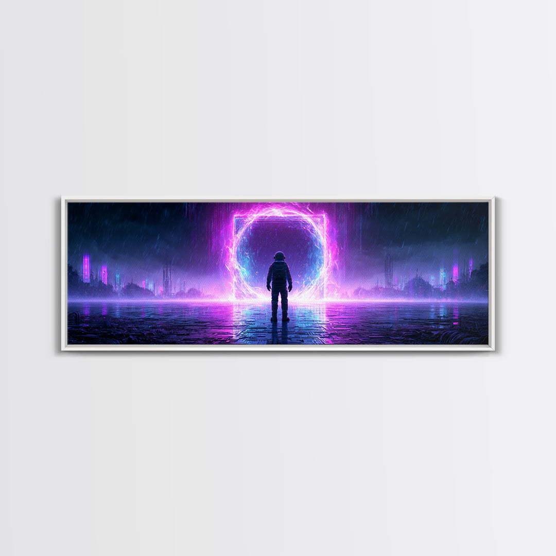 Astronaut Standing Before a Glowing Monolith Framed Canvas Print, Scifi Art, Canvas Print, Living Room Decor, Fine Art, Orbit, SCI-3x1-18
