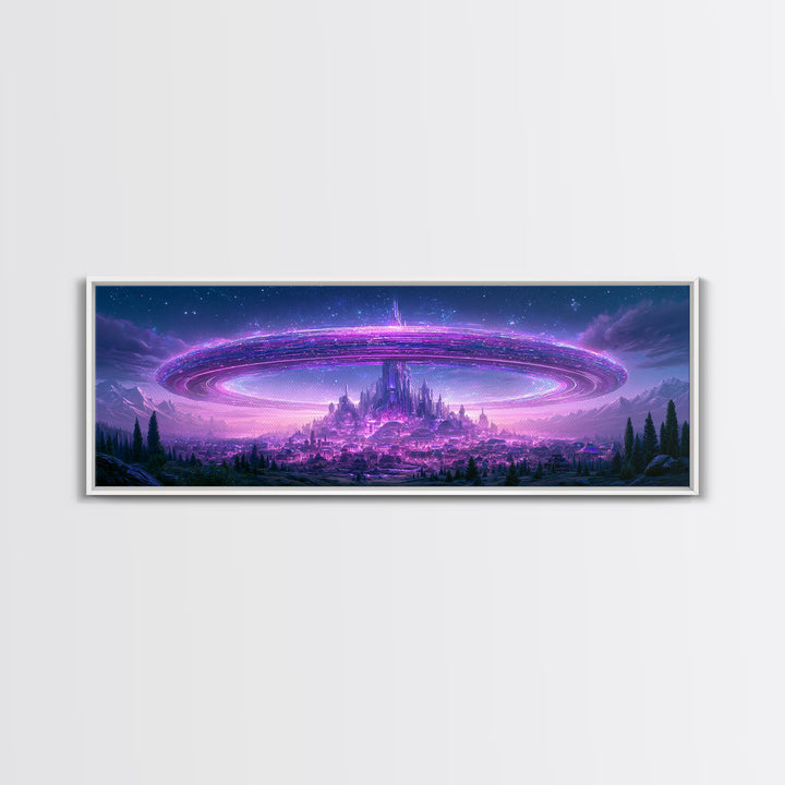 Giant Ring World Seen from a Valley Canvas Print, Scifi Art, Game Room Decor, Living Room Decor, Fine Art, Orbit, SCI-3x1-24