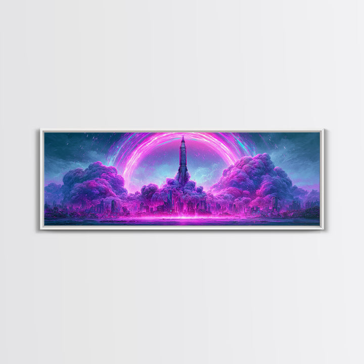 Retro Rocket Launching Through Cloud Rings Framed Canvas Print, Scifi Art, Decor, Living Room Decor, Oil Painting, Orbit, SCI-3x1-47