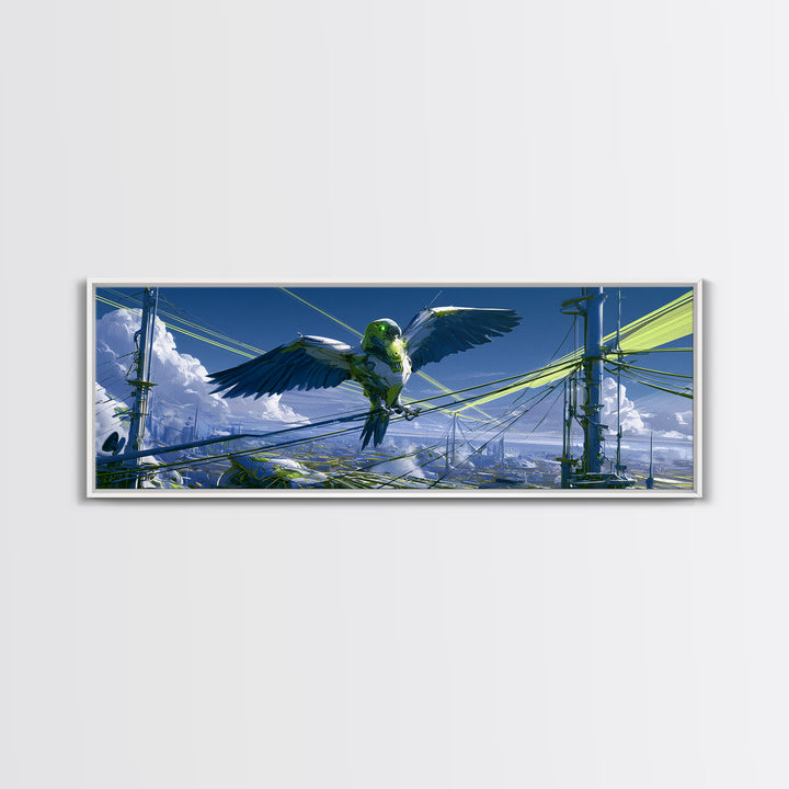 Robot Bird Perched on Antenna Framed Canvas Print, Scifi Art, Minimalist Decor, Living Room Decor, Fine Art, Orbit, Ai Art, SCI-3x1-63