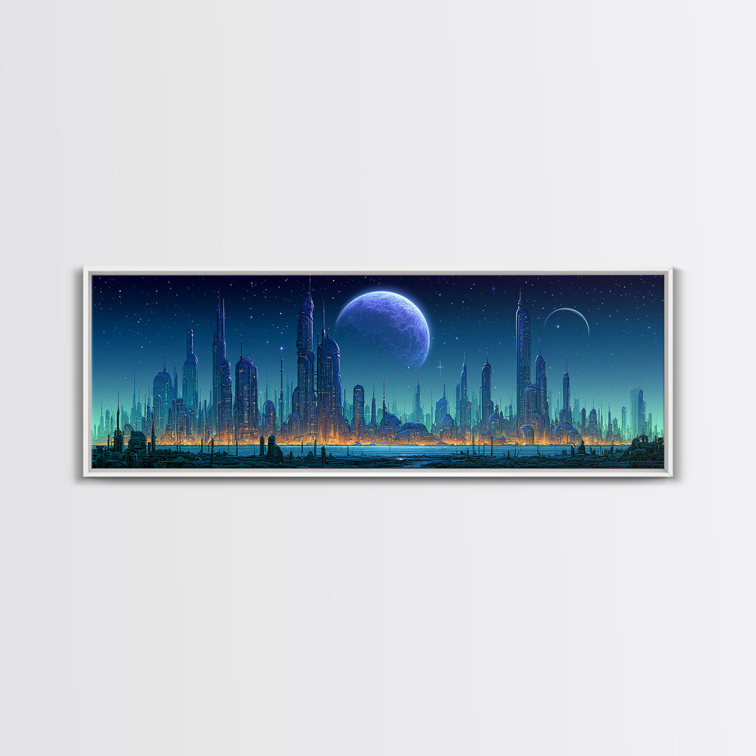 Futuristic City on a Moonlit World Framed Canvas Print, Scifi Art, Ai Art, Living Room Decor, Abstract Art, Orbit, SCI-3x1-67