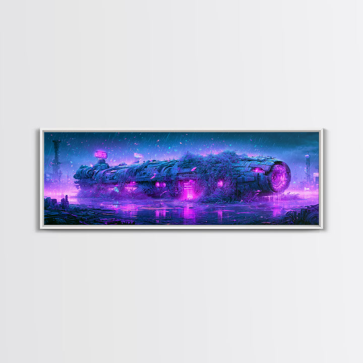 Abandoned Spacecraft Overgrown Framed Canvas Print, Scifi Art, Collage Art, Living Room Decor, Oil Painting, Orbit, SCI-3x1-74