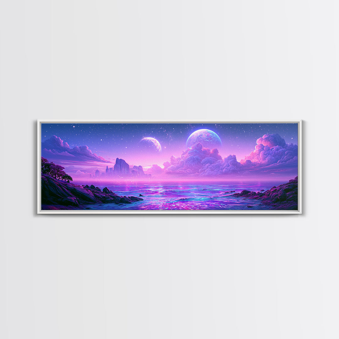 Alien Ocean with Two Moons Framed Canvas Print, Scifi Art, Fantasy Art, Living Room Decor, Oil Painting, Orbit, SCI-3x1-77