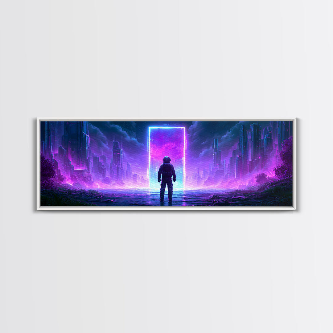 Astronaut Standing Before a Glowing Monolith Framed Canvas Print, Scifi Art, Space Art, Living Room Decor, Fine Art, Orbit, SCI-3x1-90