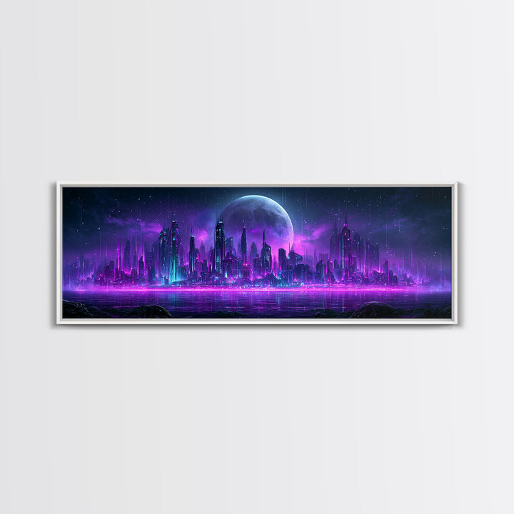 Futuristic City on a Moonlit World Canvas Print, Scifi Art, Posters, Living Room Decor, Orbit, Pop Art, Mid Century Art, SCI-3x1-91