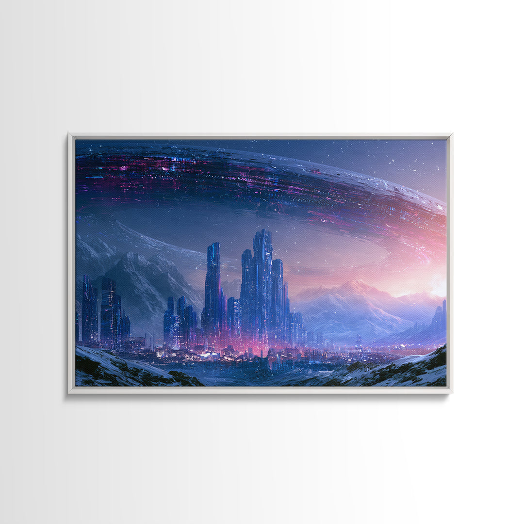 Giant Ring World Seen from a Valley Canvas Print, Scifi Art, Contemporary Art, Living Room Decor, Oil Painting, Orbit, SCI-3x2-12