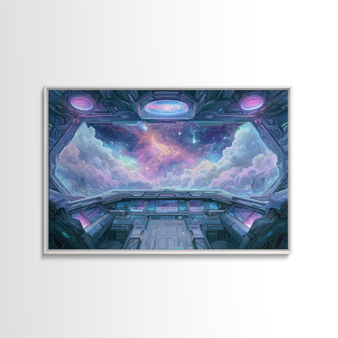 Starship Cockpit View of Nebula Clouds Framed Canvas Print, Scifi Art, Mid Century Art, Living Room Decor, Fine Art, Orbit, SCI-3x2-15