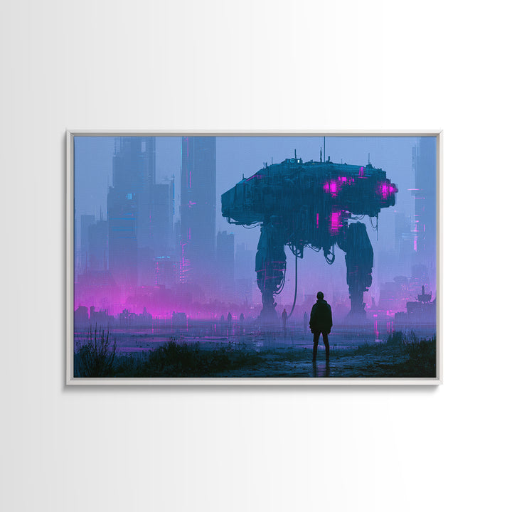 Mech Silhouette in Rainy Neon City Framed Canvas Print, Scifi Art, Statement Artwork, Living Room Decor, Fine Art, Orbit, SCI-3x2-19