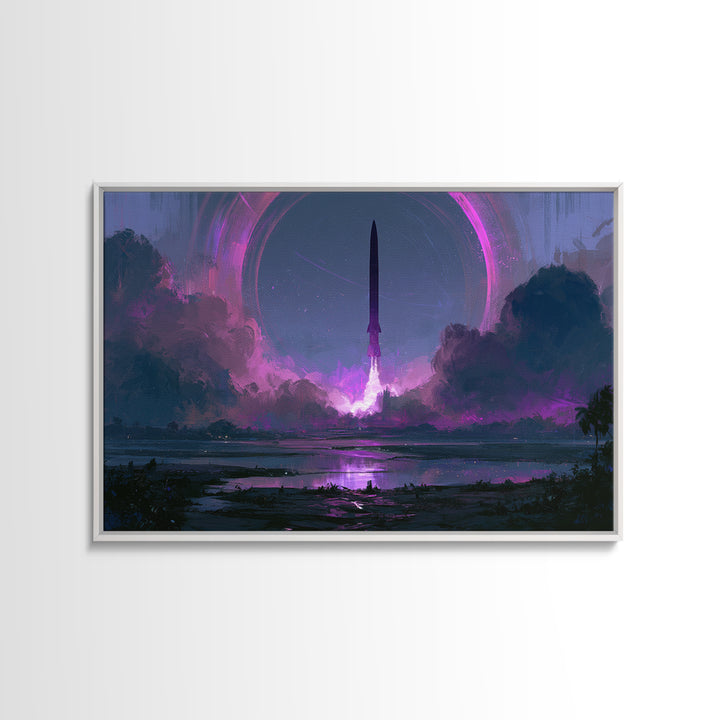 Retro Rocket Launching Through Cloud Rings Framed Canvas Print, Scifi Art, Art Print, Living Room Decor, Fine Art, Orbit, SCI-3x2-35