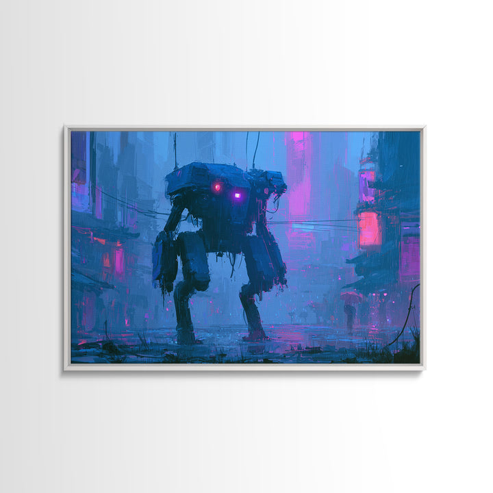 Mech Silhouette in Rainy Neon City Canvas Print, Scifi Art, Textured Painting, Living Room Decor, Abstract Art, Orbit, SCI-3x2-43