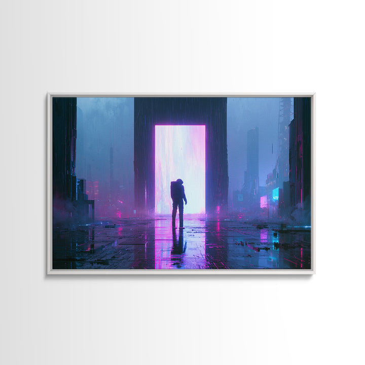 Astronaut Standing Before a Glowing Monolith Framed Canvas Print, Scifi Art, Modern Art, Living Room Decor, Fine Art, Orbit, SCI-3x2-6