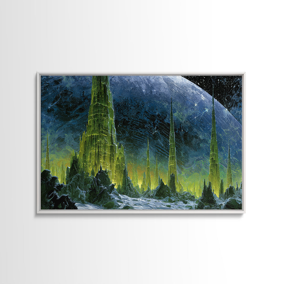 Terraforming Towers on a Silent Planet Framed Canvas Print, Scifi Art, Living Room Decor, Abstract Art, Orbit, SCI-3x2-64