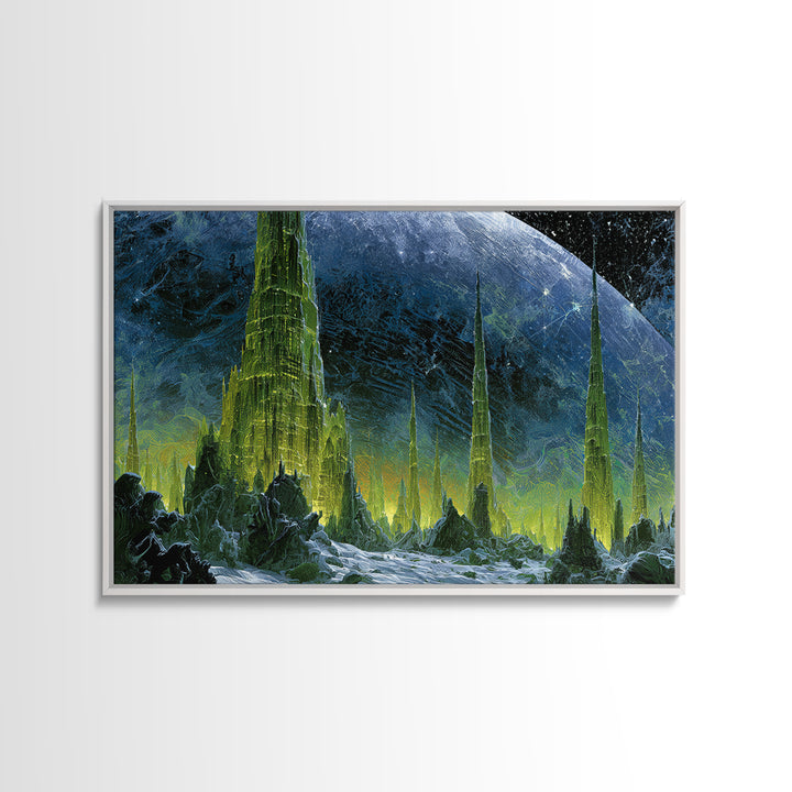 Terraforming Towers on a Silent Planet Framed Canvas Print, Scifi Art, Living Room Decor, Abstract Art, Orbit, SCI-3x2-64