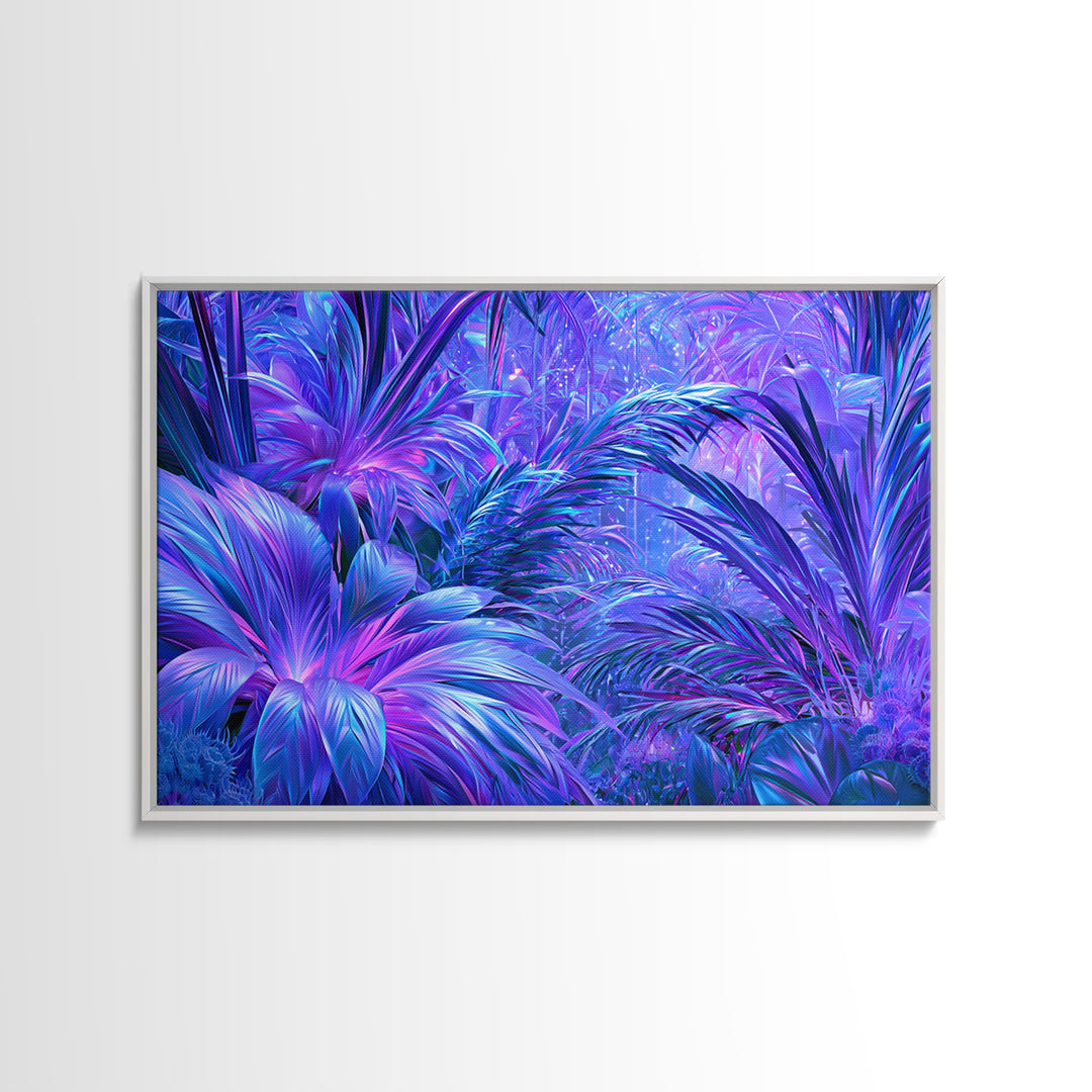 Alien Jungle with Bioluminescent Plants Framed Canvas Print, Scifi Art, Contemporary Art, Living Room Decor, Fine Art, Orbit, SCI-3x2-9