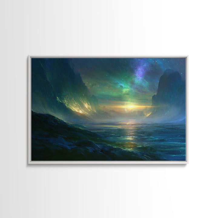 Planetary Sunrise over Ice Cliffs Canvas Print, Scifi Art, Fantasy Art, Living Room Decor, Fine Art, Orbit, Textured Painting, SCI-3x2-98
