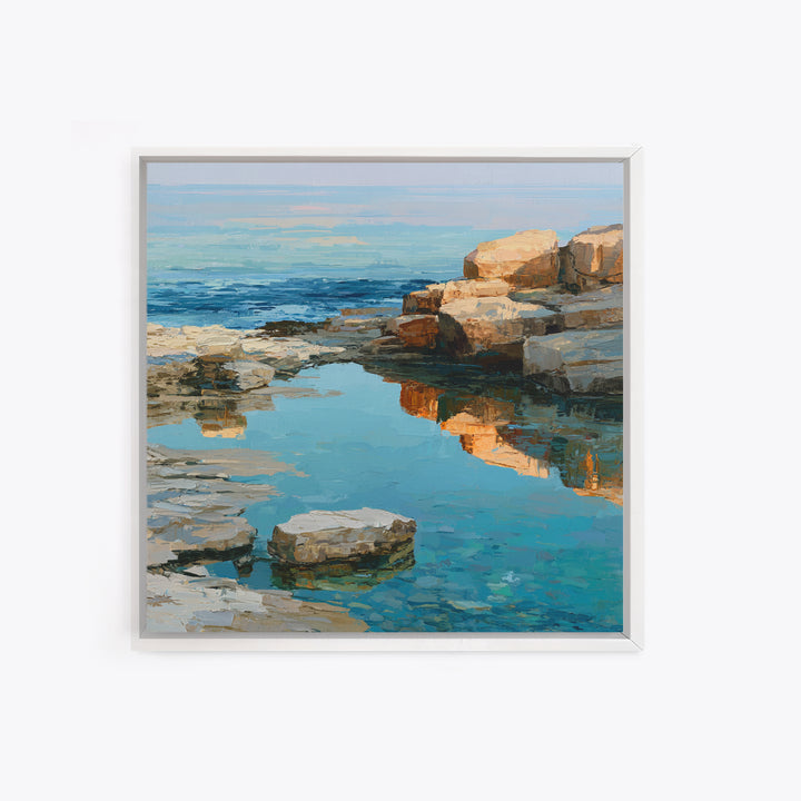 Rocky Tidepool with Reflections Framed Canvas Print, Seascape Art, Canvas Wall Art, Coastal Decor, Fine Art, Seascape, SEA-1x1-11