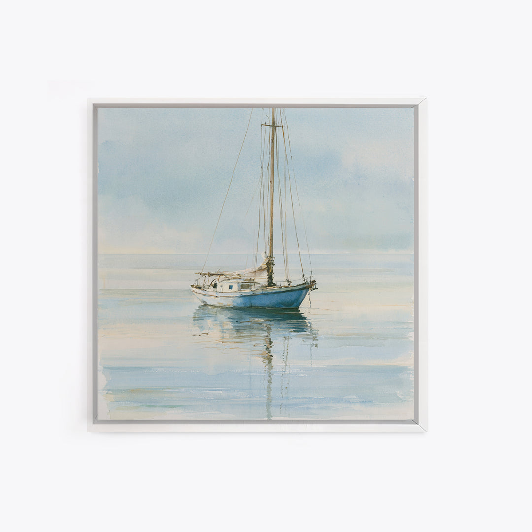 Quiet Sailboat on Glassy Water Framed Canvas Print, Seascape Art, Gallery Decor, Coastal Decor, Fine Art, Seascape, SEA-1x1-32